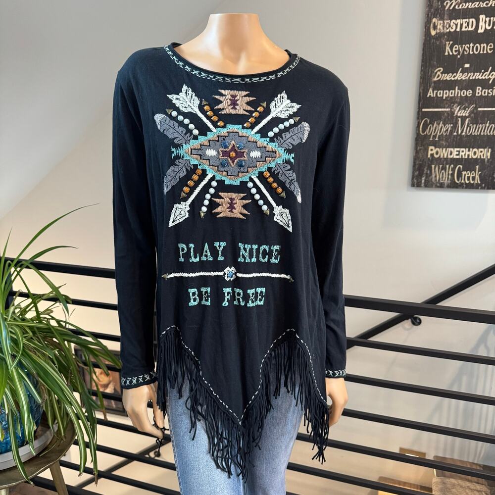 Double D Ranch Play Nice Be Free Fringe Top Aztec Embroidered Black Cotton S
